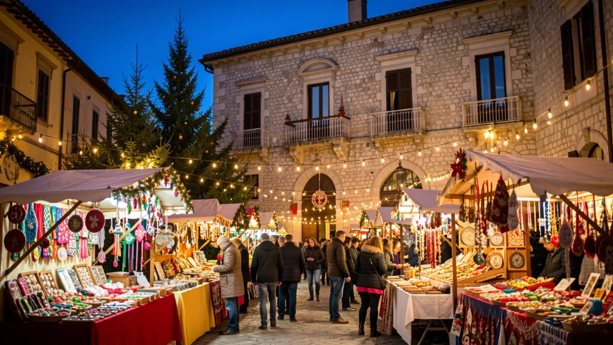 Imagen genérica de un mercado navideño al atardecer con puestos iluminados y un edificio histórico al fondo.