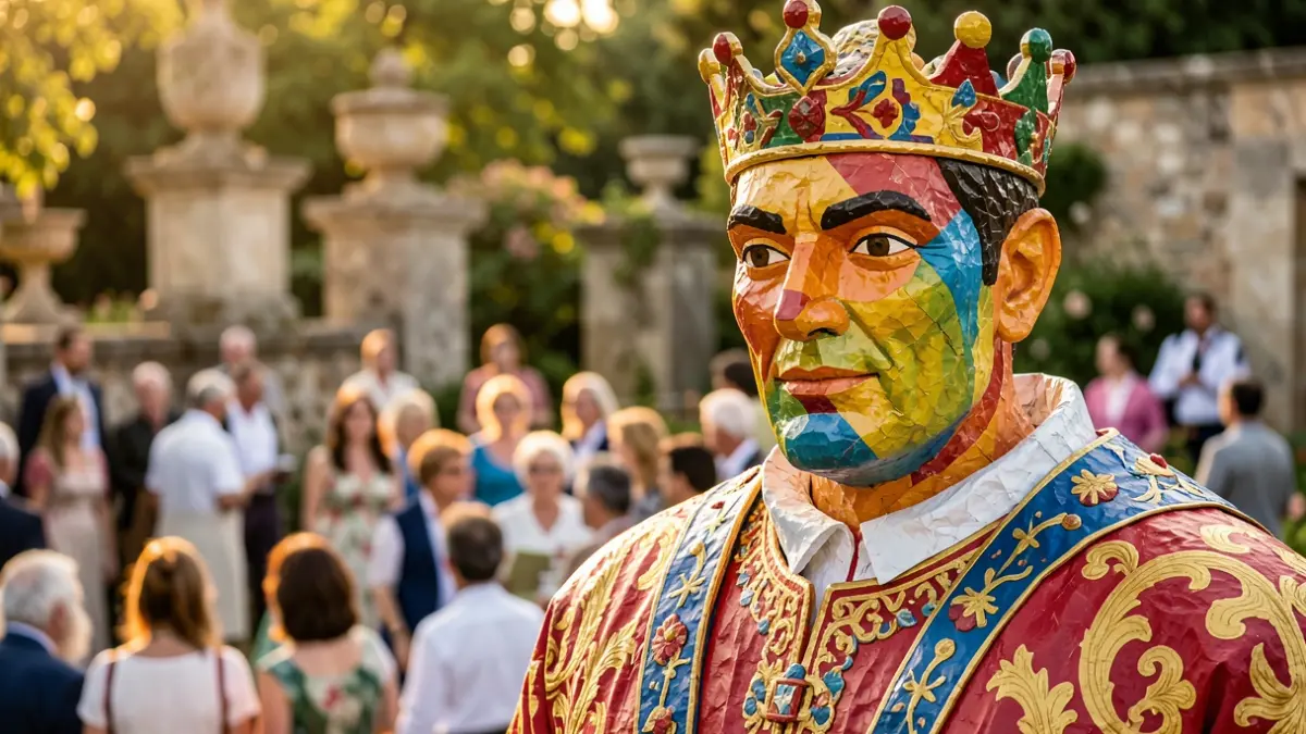 Generic image of a paper giant figure in traditional Catalan attire in a garden setting.