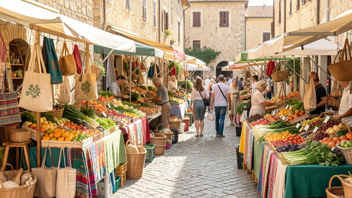 Generic image of a weekly market with vendors and shoppers using reusable bags.