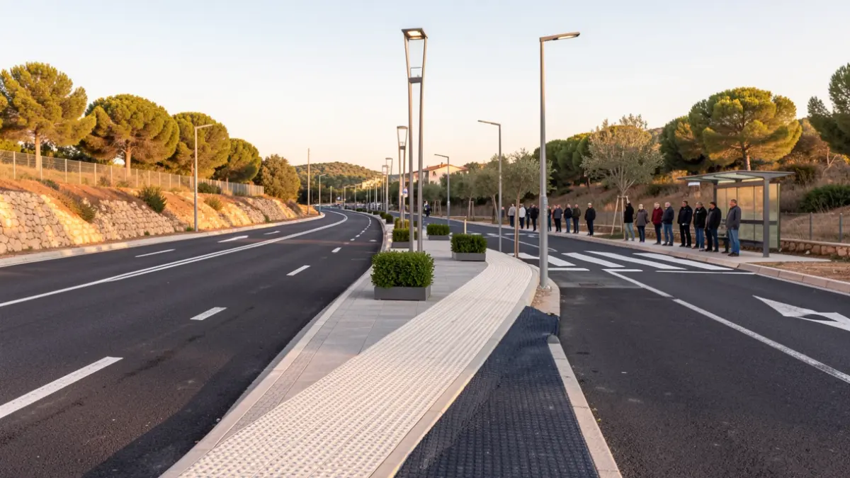 Road improvement works on the B-224 in Capellades, featuring a new accessible sidewalk and bus stop.