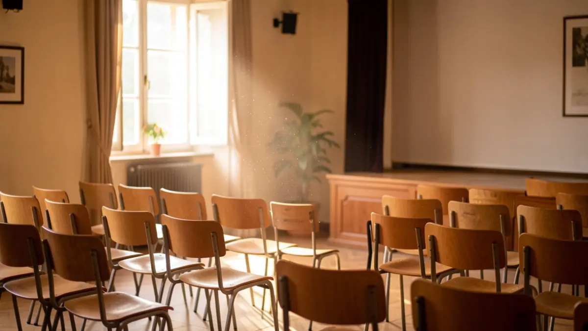 Sala d'actes comunitària a Cardedeu, buida i preparada per a una xerrada.