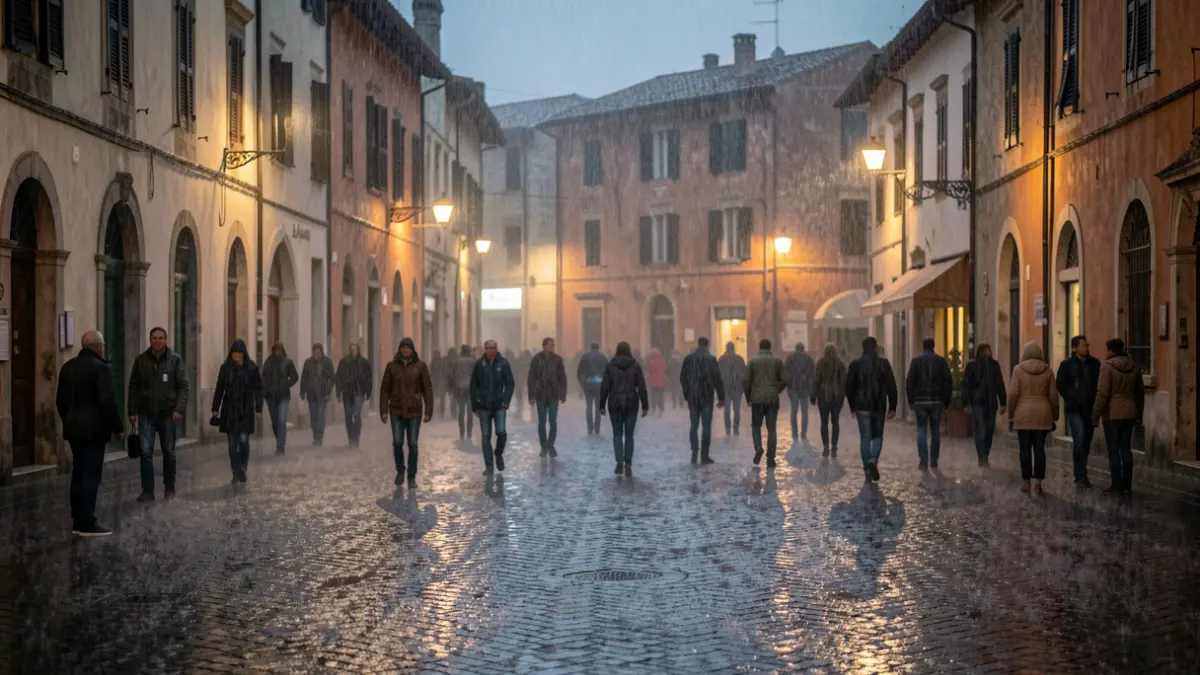Pluja intensa a la plaça d'un poble mediterrani amb els carrers mullats i els fanals reflectint-se.