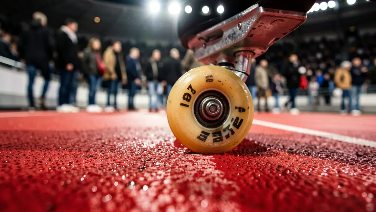 Generic image of a skate wheel on a wet track with blurred stadium lights.