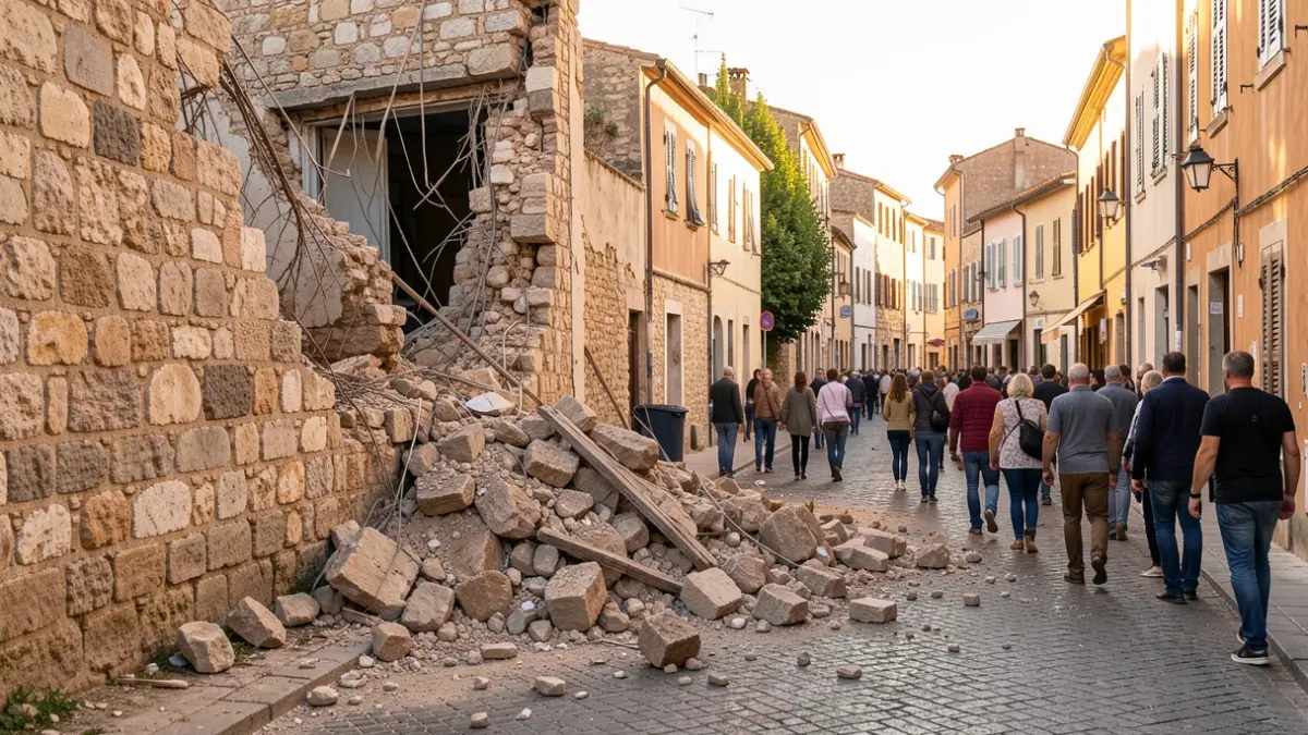 Imatge genèrica d'un mur de pedra danyat al costat d'un carrer amb runa.