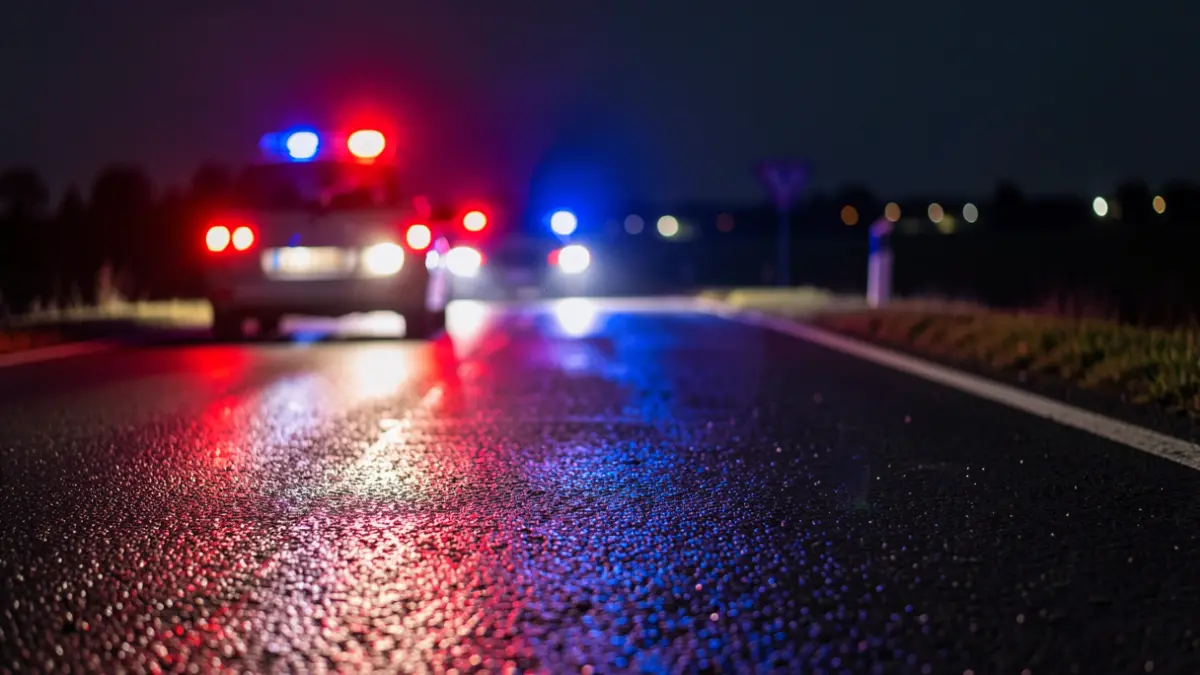 Generic image of emergency lights reflecting on wet asphalt at night.
