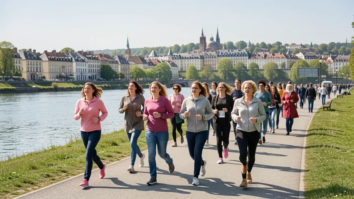 Imatge genèrica de dones corrent i caminant per un camí scenic amb un poble al fons.