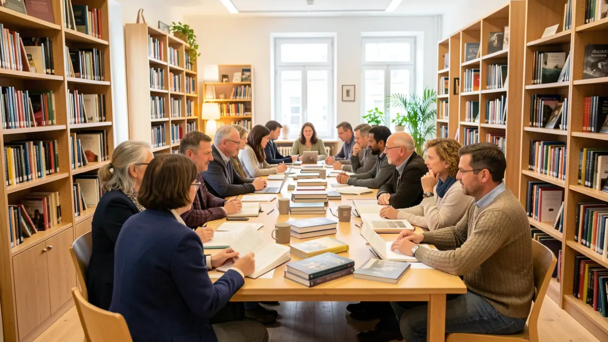 Grupo de personas participando en un club de lectura en catalán en la biblioteca.