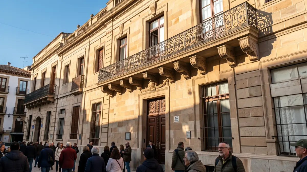 Fachada de un ayuntamiento de Cataluña con balcón y barandillas de hierro, luz cálida de tarde.