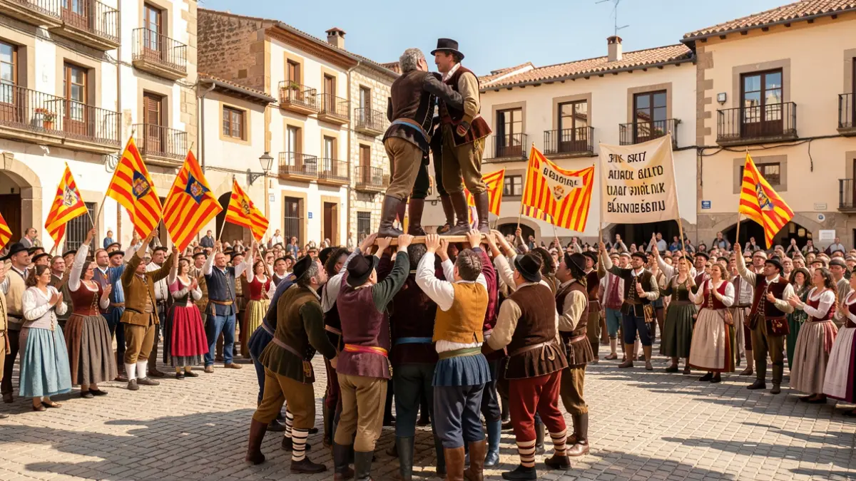 Membres dels Castellers de Terrassa formant la base d'un castell humà amb pancartes del Voluntariat per la Llengua.