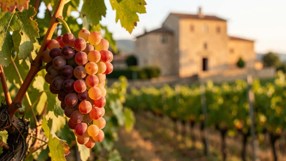 Ripe grapes on a vine in front of a traditional building in Castellví de la Marca.