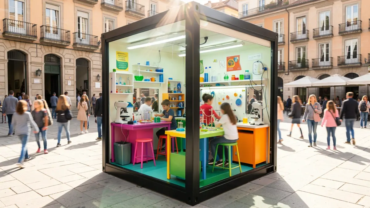 El Curiosity Cube, un laboratori científic mòbil, a la plaça de Margarida Xirgu de Canovelles.