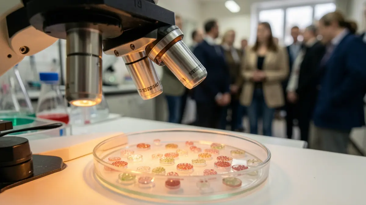 Imatge genèrica d'un microscopi i una placa de cultiu cel·lular en un laboratori.