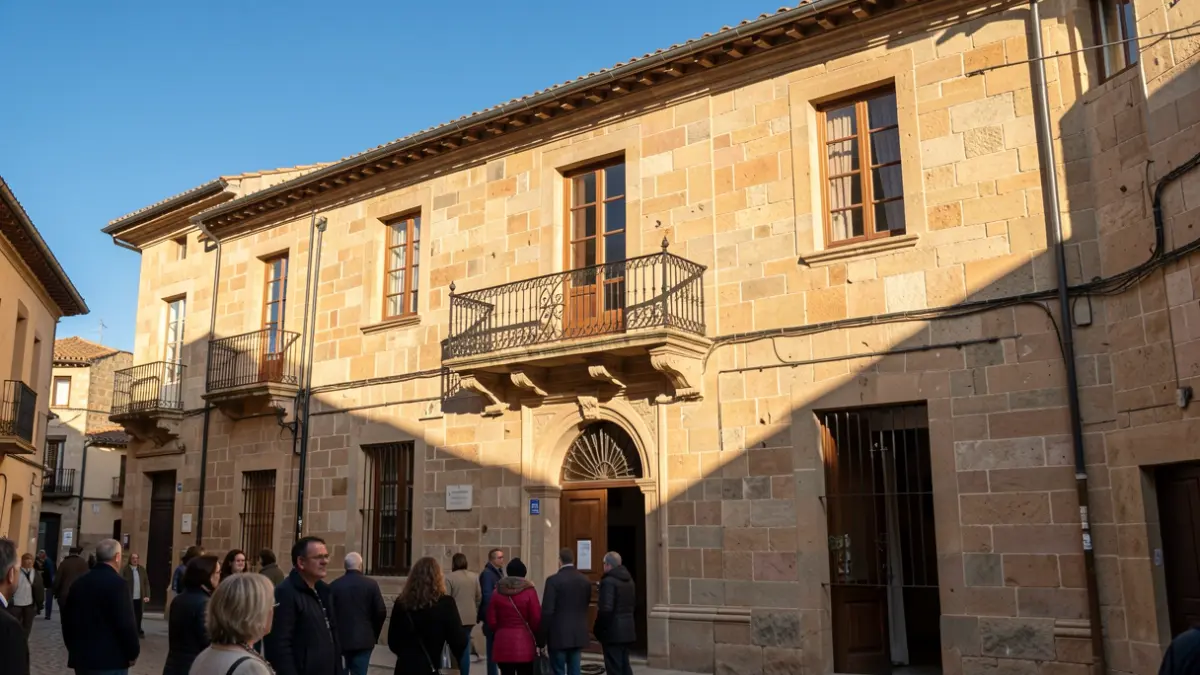 Facade of a Catalan town hall with a balcony and iron railings, warm afternoon light.
