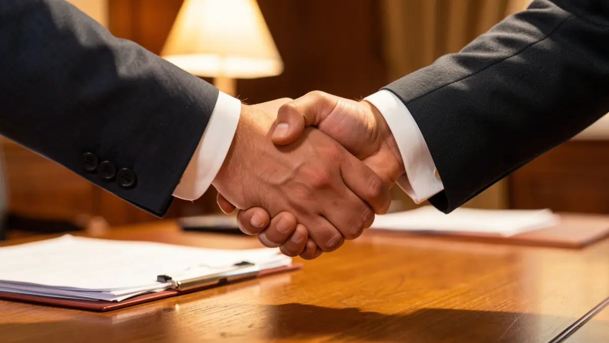 Imagen genérica de dos manos con traje formal dándose la mano sobre una mesa de madera con papeles desenfocados, iluminación cálida de oficina.