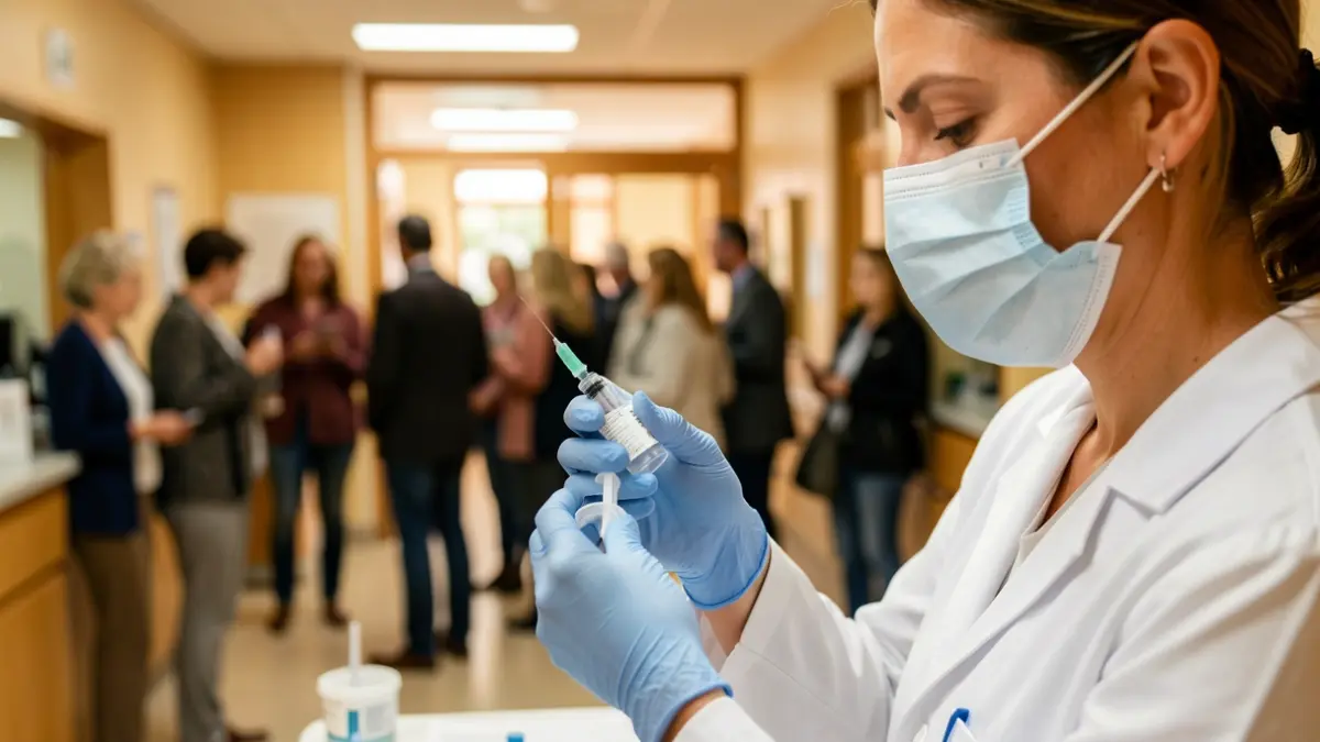 Healthcare professional preparing a syringe for the flu and Covid-19 vaccination.