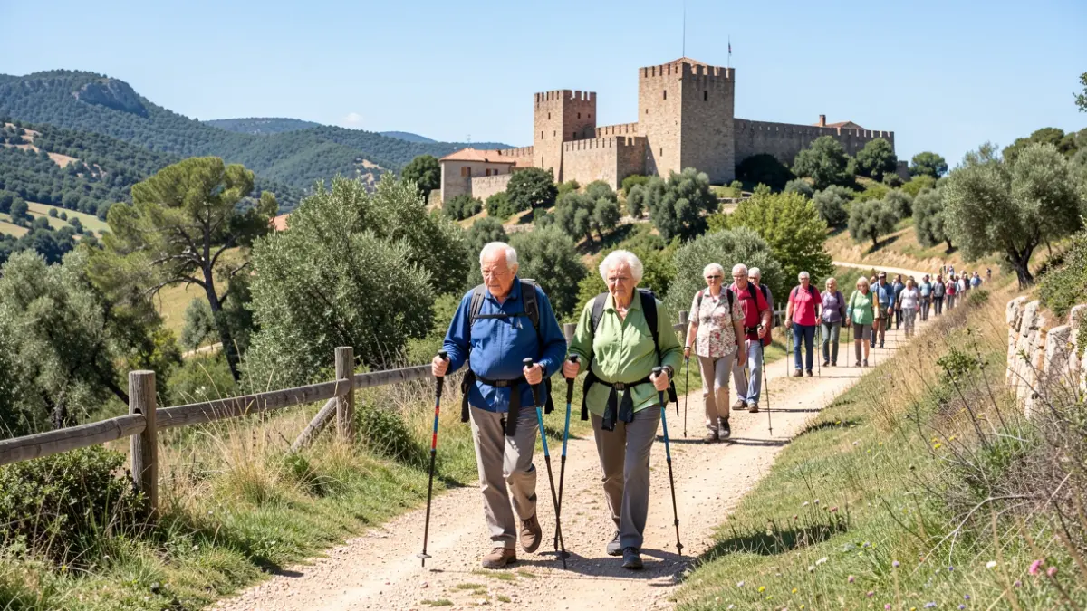 Imatge genèrica de persones grans fent marxa nòrdica per un camí rural amb elements patrimonials al voltant.