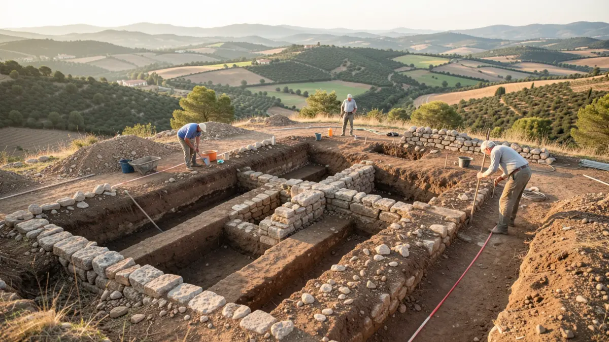 Imagen genérica de un yacimiento arqueológico con estructuras de piedra expuestas y arqueólogos trabajando.