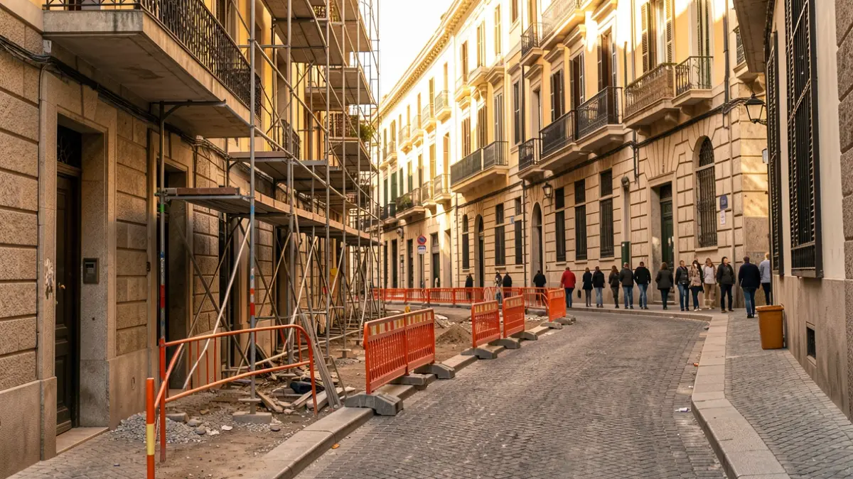 Obres al carrer de Pere Llobet al barri del Coll de Barcelona, amb bastides i barreres de seguretat taronja.