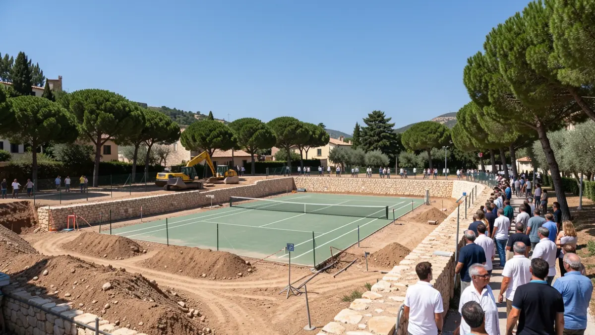 Imatge genèrica d'un obrador de construcció de pistes de tennis en un entorn mediterrani.