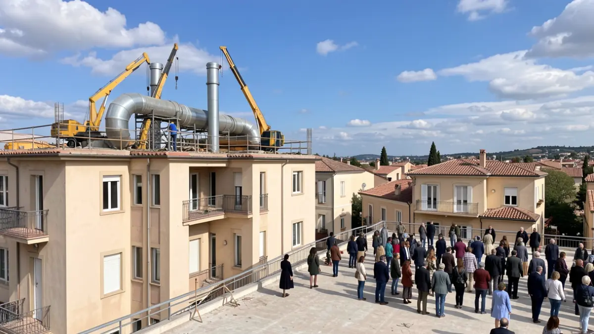 Generic image of construction work on a hospital building's roof, with pipes and machinery, under a blue sky.