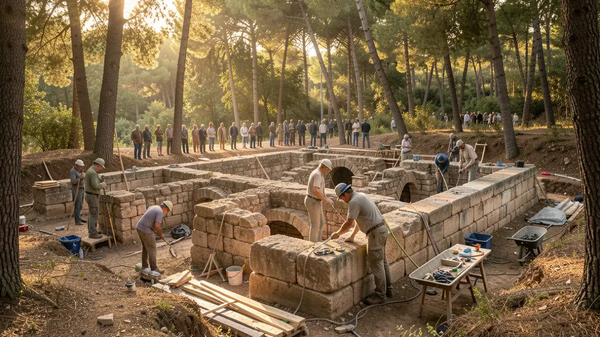 Imagen genérica de restos de un acueducto romano en un entorno forestal con equipos de restauración y arqueología trabajando.