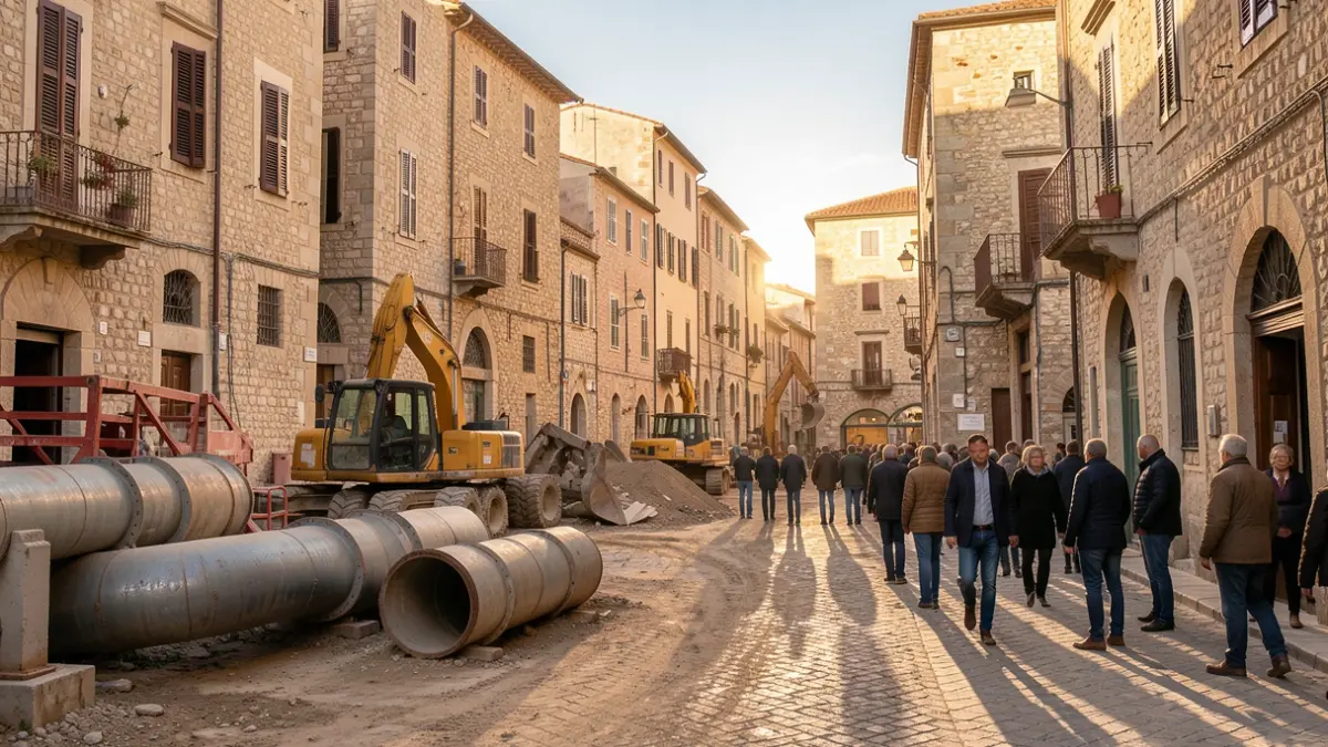 Imatge genèrica d'obres en una plaça de poble mediterrani amb edificis històrics.