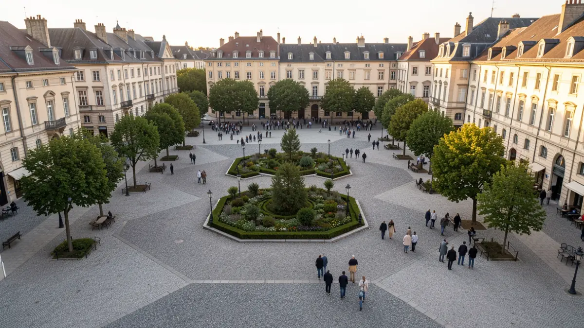 Imatge genèrica d'una plaça històrica amb un jardí central i edificis al voltant, il·luminada per la llum del capvespre.