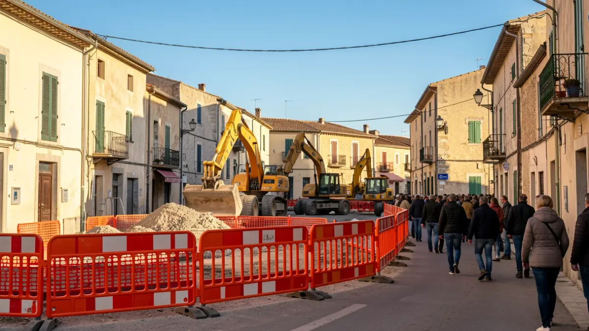 Zona de obras con maquinaria pesada y señalización de seguridad en Badia del Vallès.