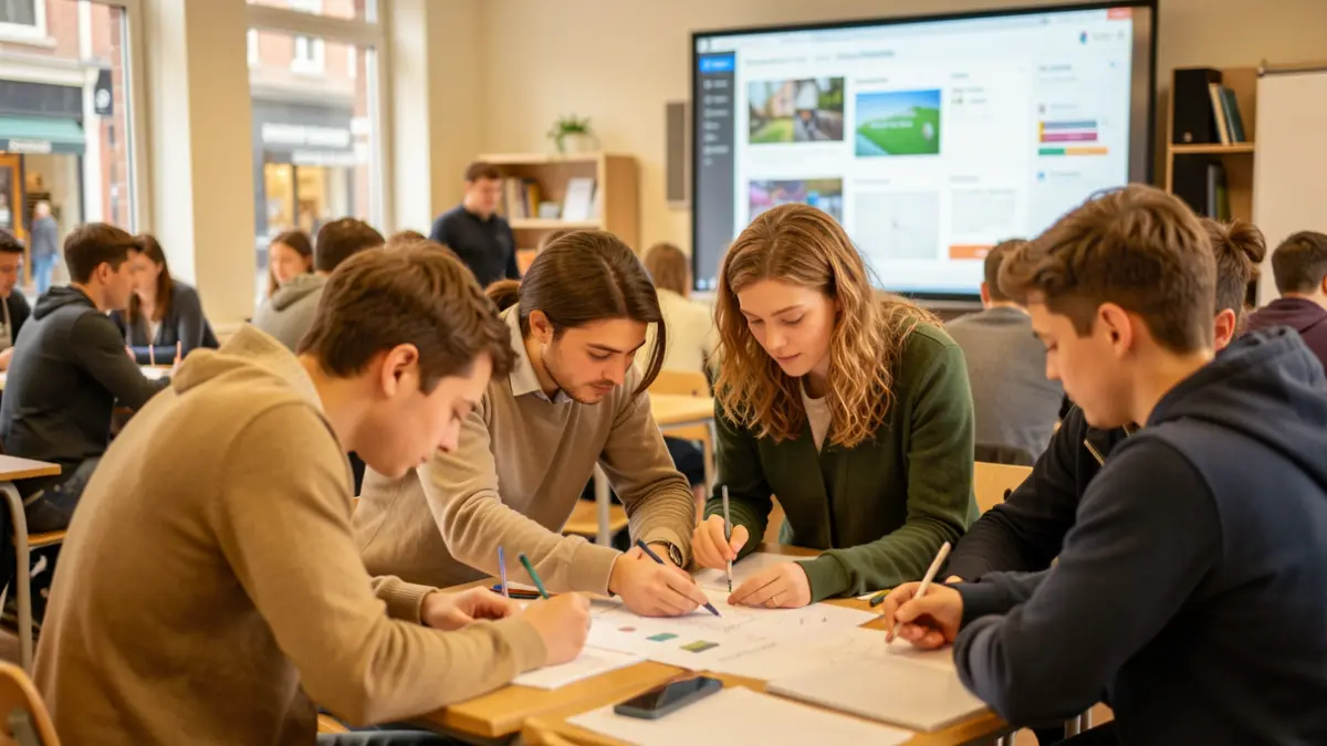 Estudiants col·laborant en un projecte per millorar el comerç local.