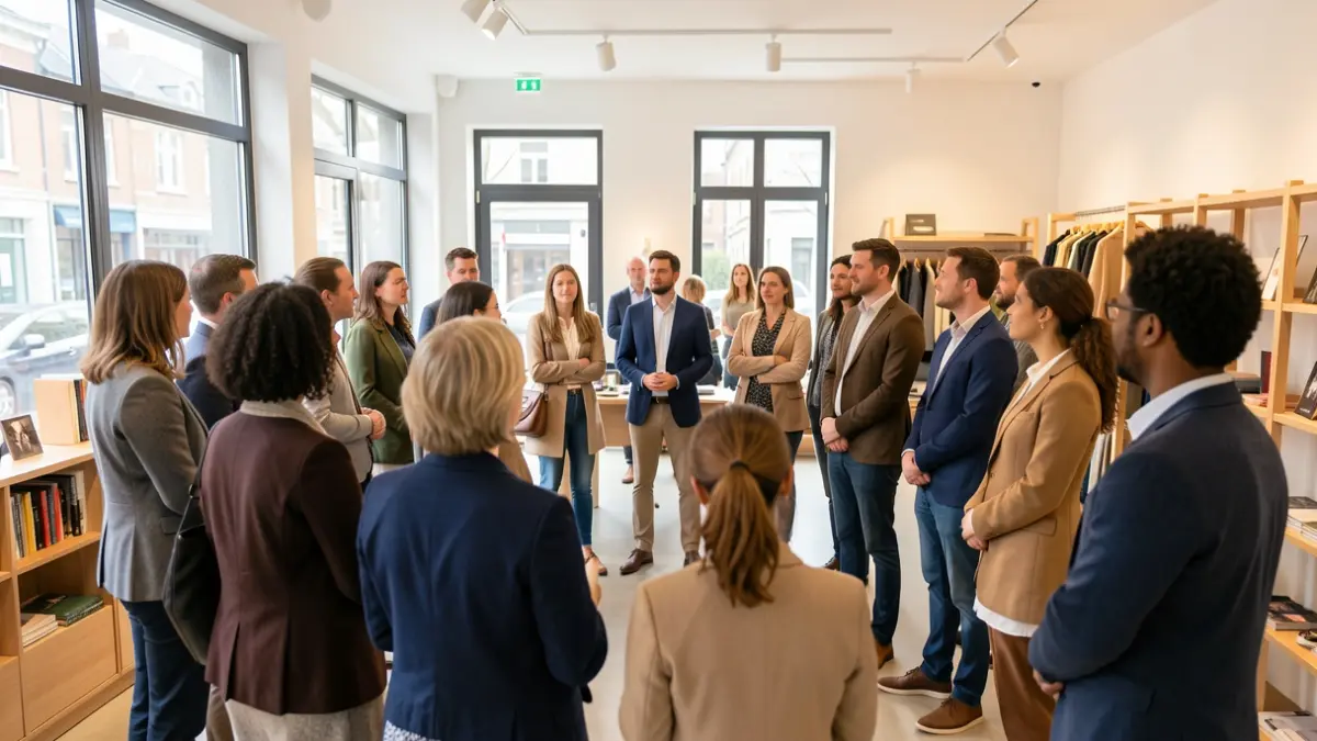 Persones participant en una formació en un establiment comercial.