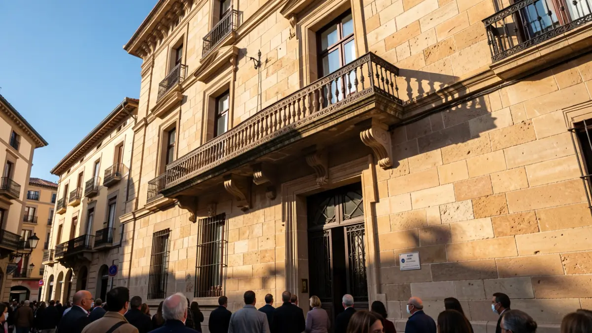 Façana d'un ajuntament català amb balcó i cel blau.