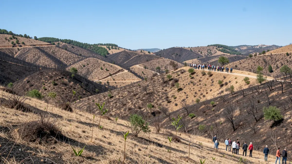 Generic image of a Catalan landscape with dry hills and sparse vegetation, symbolizing recovery after a fire.