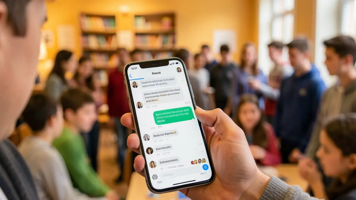 Generic image of a young person's hand holding a mobile phone with a supportive chat interface.