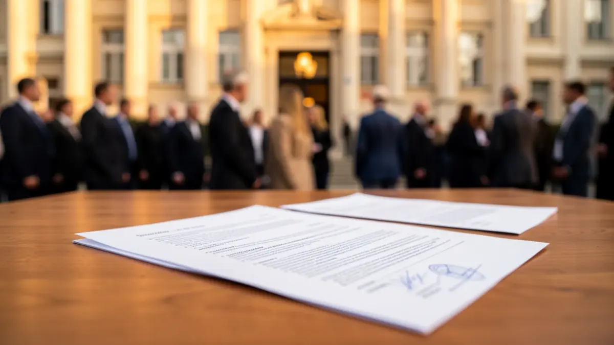 Imatge genèrica de documents oficials i un segell sobre una taula de fusta.