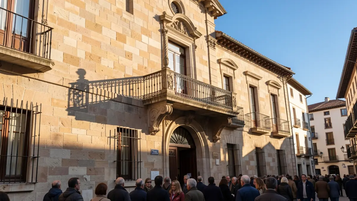 Fachada de un ayuntamiento de piedra catalán con balcón y barandillas de hierro, bajo luz solar cálida de tarde.