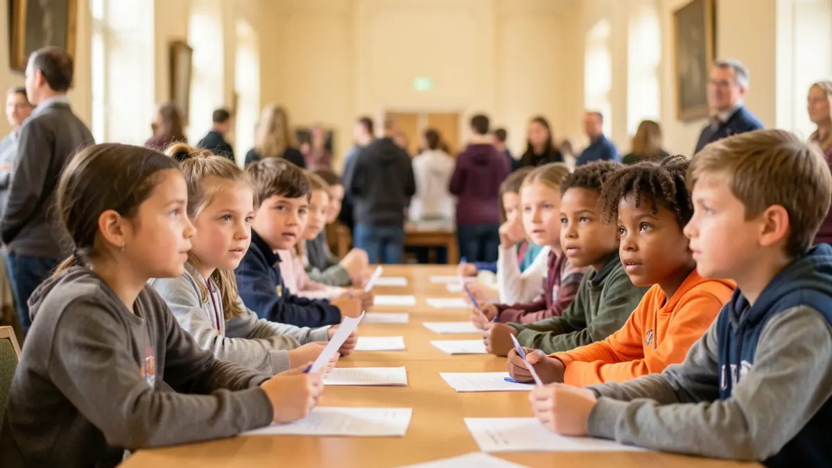 Generic image of children sitting at a table in a bright interior, possibly a town hall.