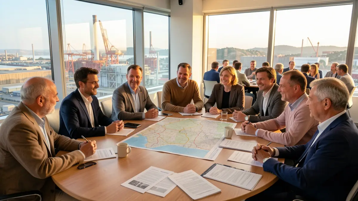 Generic image of diverse people gathered in a meeting room overlooking a Mediterranean industrial landscape.
