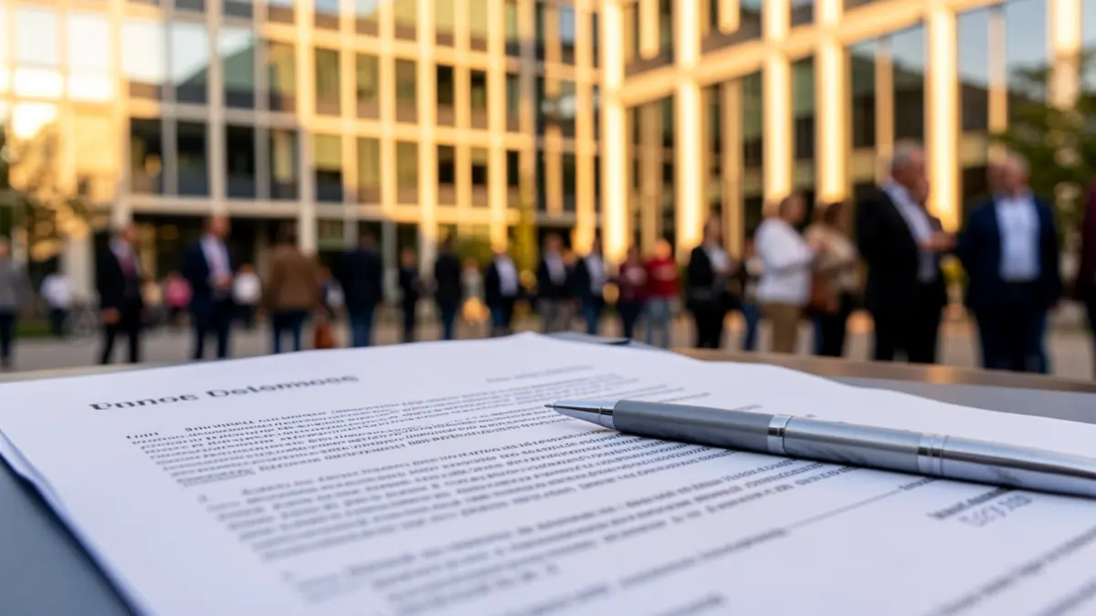 Contracte laboral sobre una taula amb un edifici d'oficines al fons.