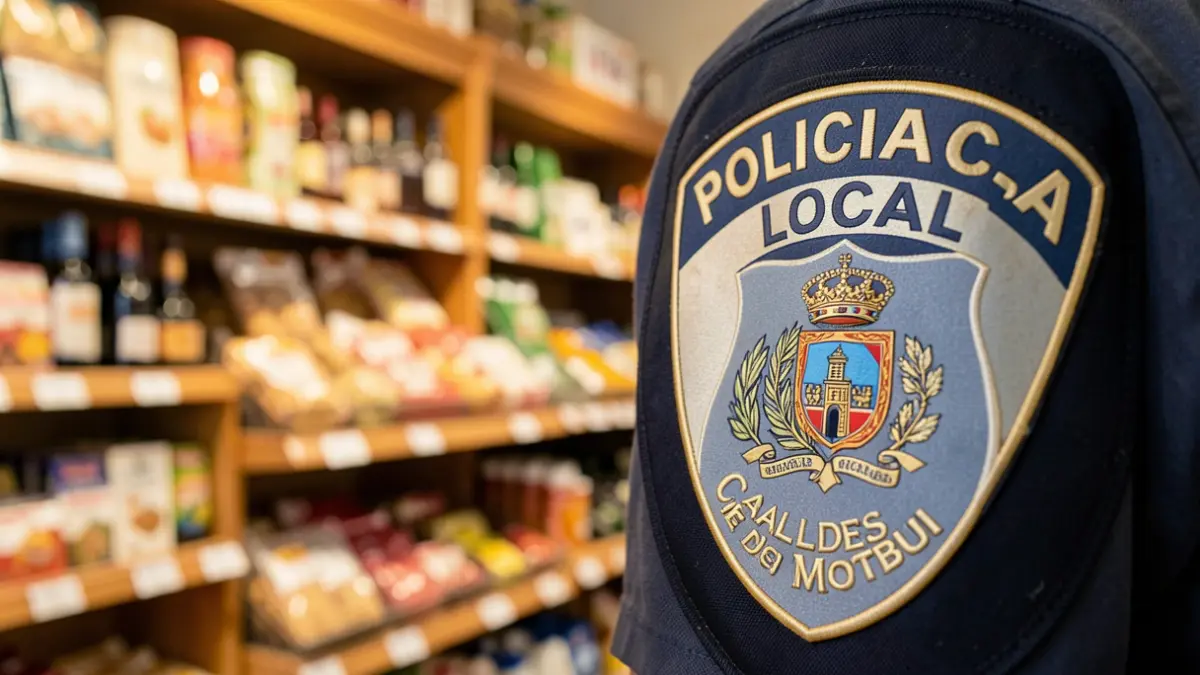 Placa de la Policía Local de Caldes de Montbui frente a un establecimiento alimentario.