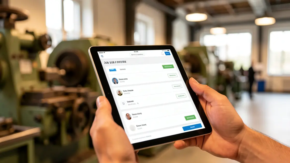 Imagen genérica de una mano sosteniendo una tablet con una interfaz de búsqueda de empleo, con maquinaria industrial difuminada al fondo.