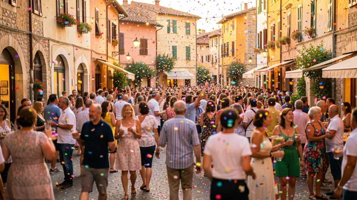 Generic image of a Mediterranean town square filled with a crowd enjoying a festival, with confetti in the air and warm lighting.