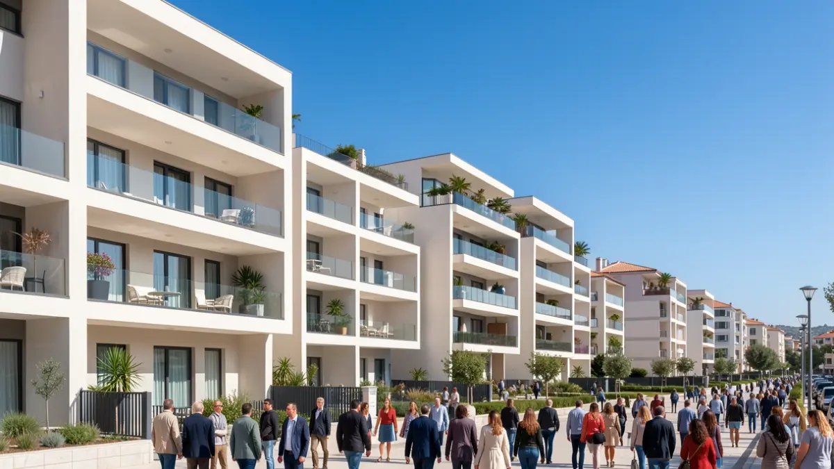 Generic image of modern apartment buildings with balconies under a clear blue sky.