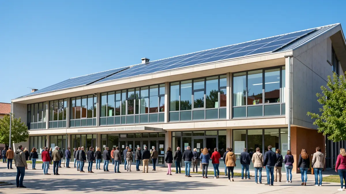 Generic image of a modern public school building in Catalunya with solar panels on the roof.