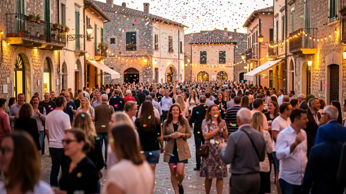 Imatge genèrica d'una plaça de poble mediterrani plena de gent celebrant una festa, amb confeti i llums càlides.