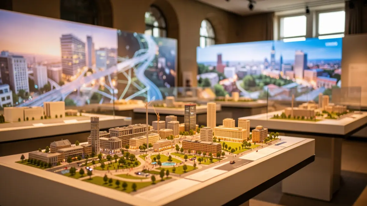 Generic image of an interactive exhibition about urban transformation with architectural elements and digital screens.
