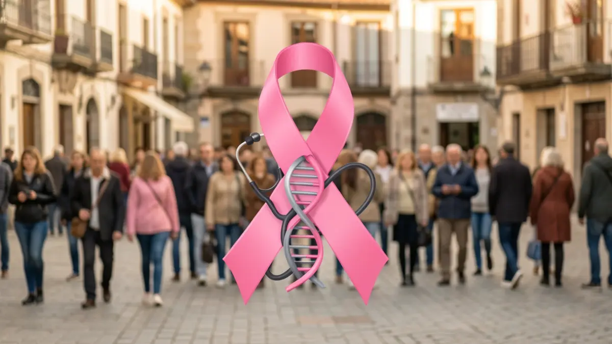 Generic image of a pink ribbon with medical symbols in an urban setting.