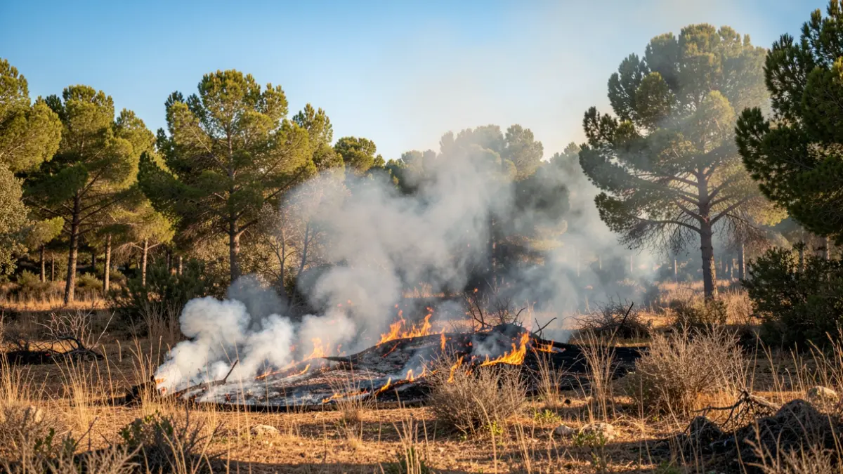 Generic image of a controlled prescribed burn in a Mediterranean forest clearing, with smoke rising towards a blue sky.