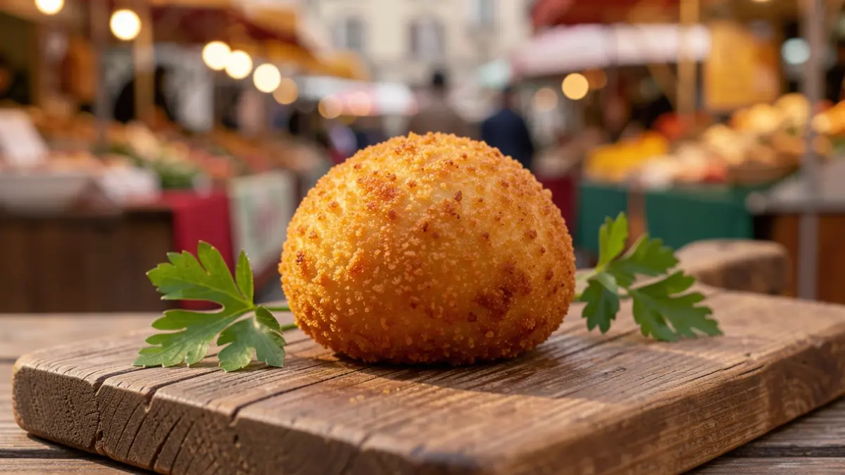 Imatge genèrica d'una croqueta daurada sobre una taula de fusta.