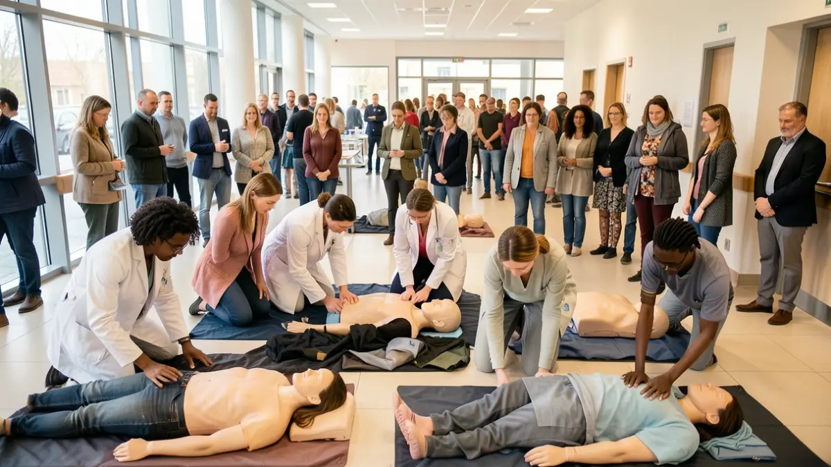 Generic image of healthcare professionals teaching cardiopulmonary resuscitation techniques to a group of citizens with manikins.