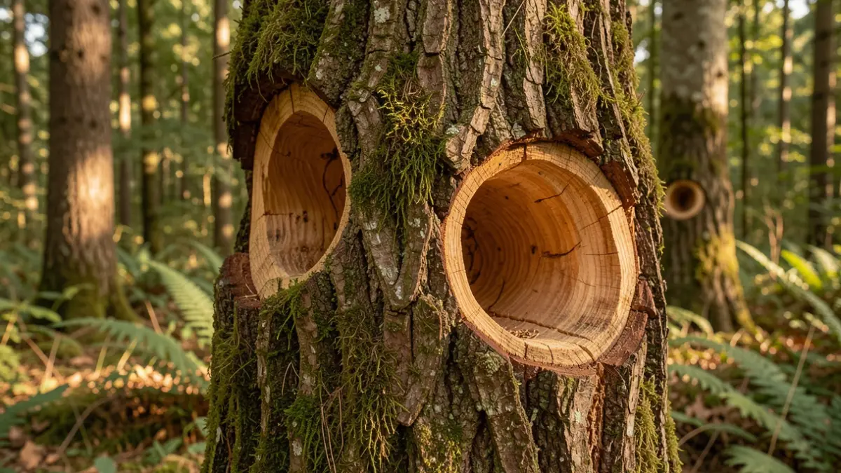 Imatge genèrica de cavitats artificials creades en arbres joves en un bosc català, destacant la tecnologia i la integració amb l'entorn natural.